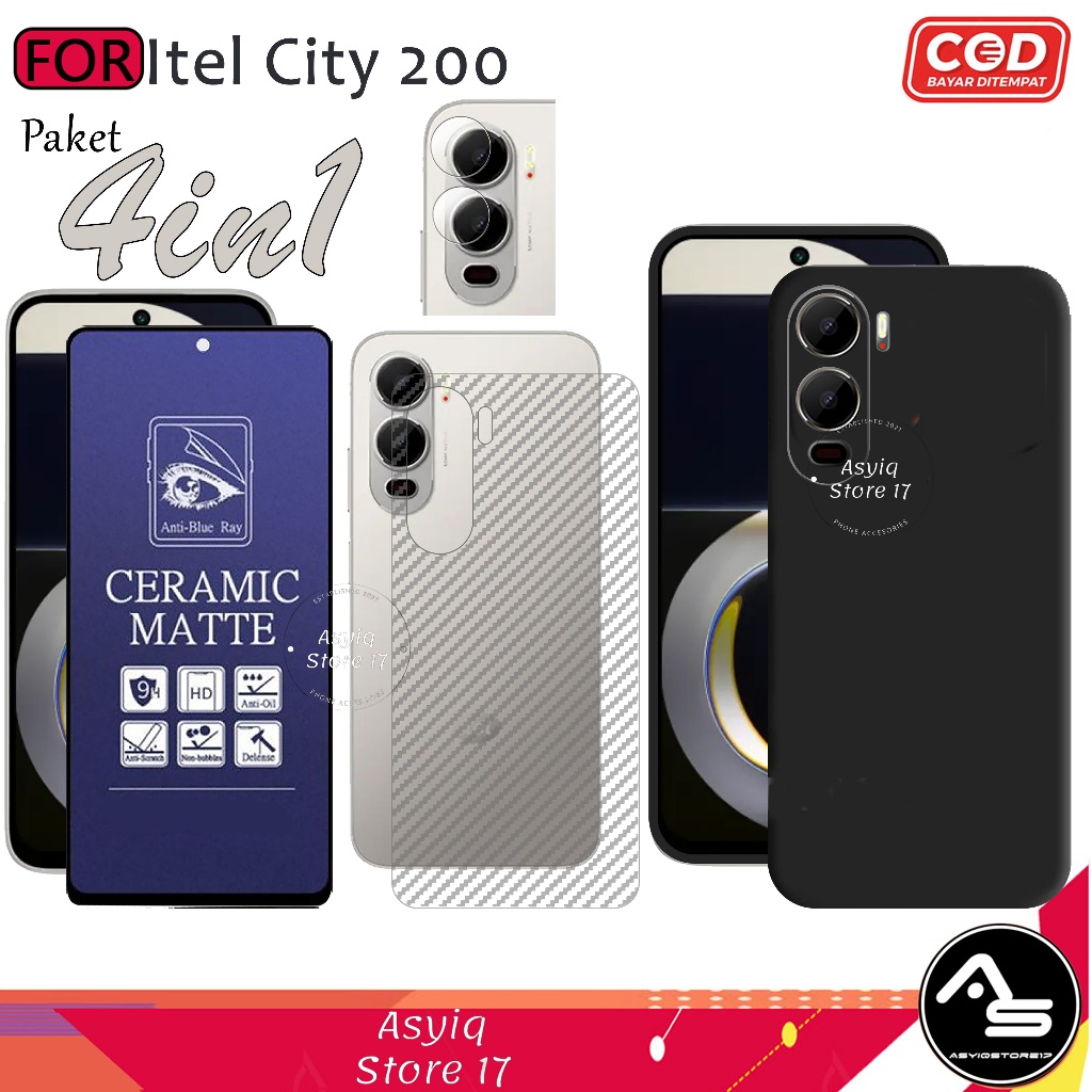 แพ็คเกจเคสกระจกนิรภัย 4-in-1 AG Matte Itel City 200 Softcase Slim Black Protect Camera