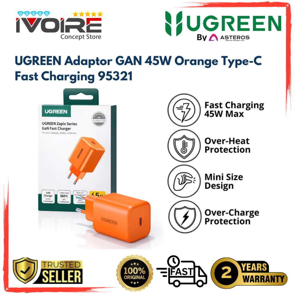 UGREEN GAN 45W อะแดปเตอร์ชาร์จเร็ว Type-C สีส้ม 95321