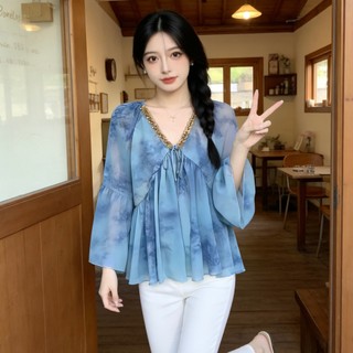 Blouse Wanita Warna Pink Lembut V-Neck Sifon , Atasan Fairy Feminin, Kekinian M699