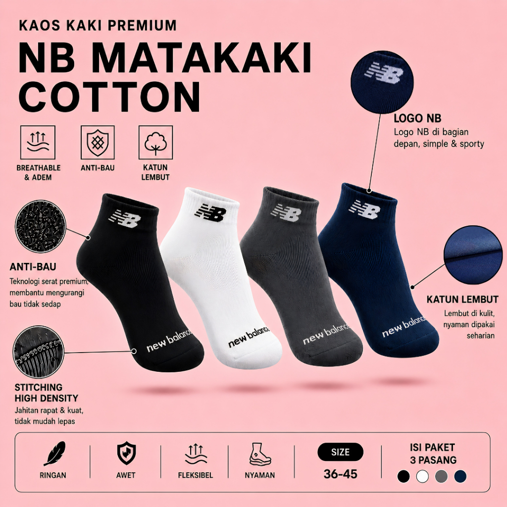 (3 PAIRS) UK 36-46 NB Sport Style Unisex ถุงเท้าหนานุ่มและยืดหยุ่นระดับพรีเมียม