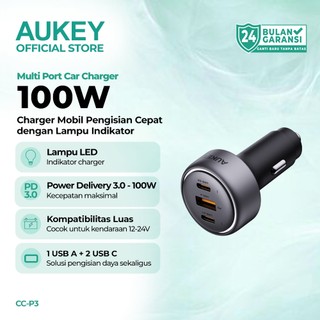 AUKEY Car Charger 66W 100W Fast Charging 3 Port USB C USB A Charger Mobil iPhone Samsung Laptop CC-P1 / CC-P3