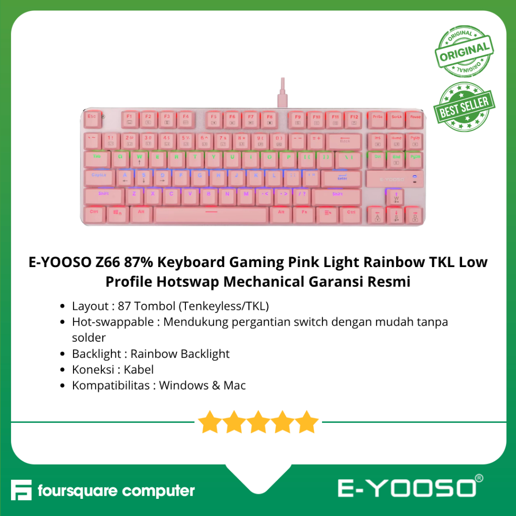 E-YOSO Z66 87% Pink Light Rainbow TKL Low Profile Hotswap Mechanical Gaming Keyboard รับประกันอย่างเ