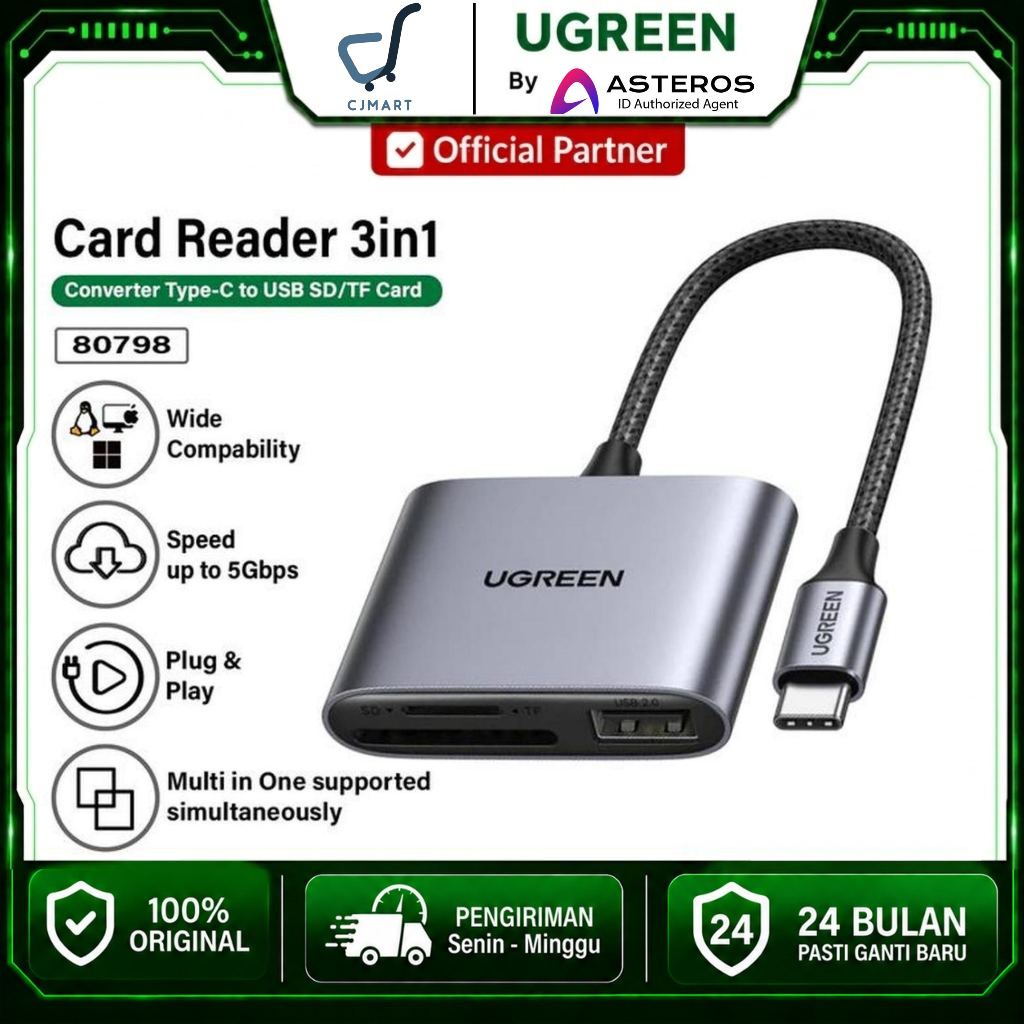 UGREEN เครื่องอ่านการ์ด Type C to SD TF Card, Micro SD, USB 2.0 - 80798 USB C