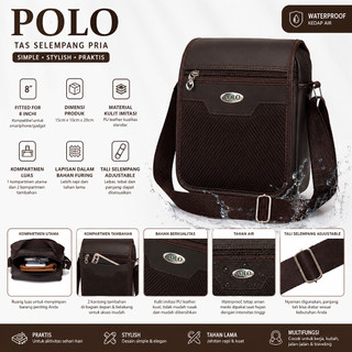 GRATIS 12.12 BIRTHDAY Sale Shopee!! Tas Selempang POLO 6112 Tas Selempang Pria Model Casual Bahan Kulit PU Tas Hangout Pria Size 8inch Crossbody Bag #Coffee