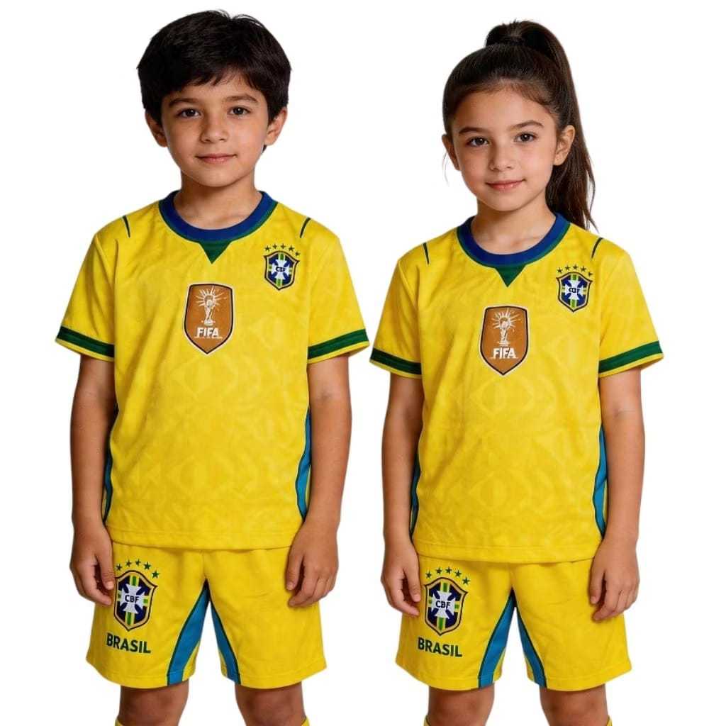 BRAZIL WORLD CUP 2026 KIDS FOOTBALL JERSEY SET SHORT SLEEVE MILANO MATERIAL AGES 1-12 ปีพรีเมี่ยมใหม่ล่าสุด