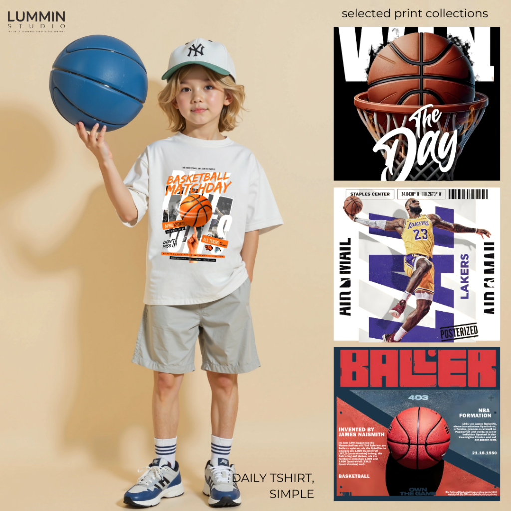 เสื้อยืดเด็กผู้ชาย LUMIN Jordan Kobe Slam Dunk Streetball Baller บาสเกตบอล Vintage Cotton Combed 24s