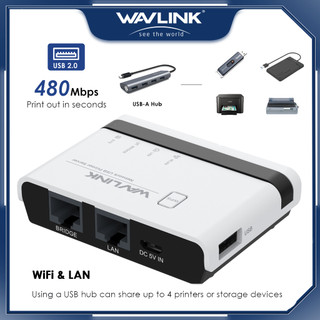 WAVLINK 2-Port USB Wireless Print Server WiFi LAN | Server Cetak Nirkabel 10/100Mbps | Berbagi Printer USB untuk Kantor Rumah | Support Wired Wireless Standalone untuk Epson HP Canon