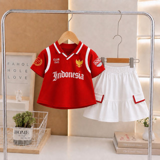 Setelan Anak Perempuan Indonesia Merah Putih Polo Rok Ruffle Casual Fashion Kids Baju Anak 17 Agustus Kekinian Usia 1-5 Tahun