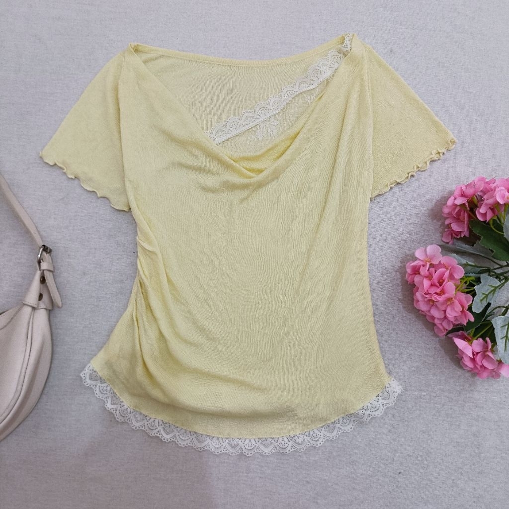 Womens Butter Yellow Lace Layer Top Coquette Top