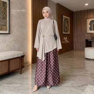 Noira Set Rok Polka Muslim Premium Anti UV Kerah Tegak Lengan Flare Asimetris Bros Gold Elegan Allsize Outfit Kondangan