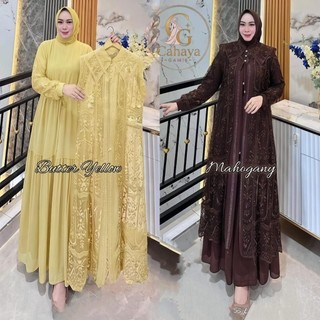 Gamis Set wanita Inner + Outer Pisah Gamis Butter Yellow Terbaru 2026 Viral Mewah Elegan By Queen Mour Outfit