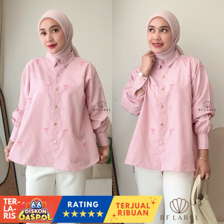 BF Label - MARSHA RIBBON SHIRT | Striped Embroidery | Kemeja Wanita Stripe dengan Bordir Pita Mewah