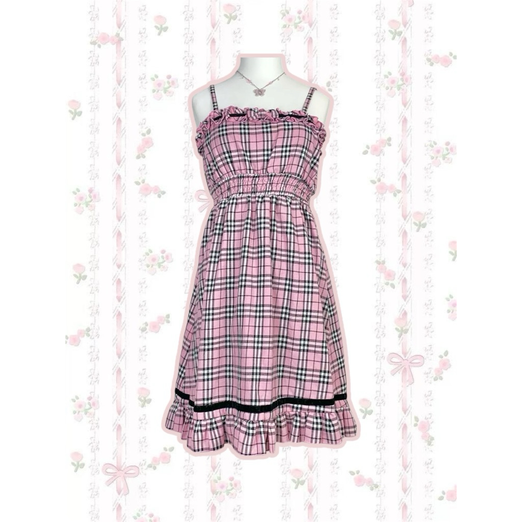 Tralala Tartan สีชมพูมินิเดรสน่ารัก Coquette Dollette Mini Bow Kawaii Himekaji Gayaru