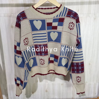 Sweater Wanita Korea Vintage Crop Motif Kotak-Kotak Jahitan Cinta