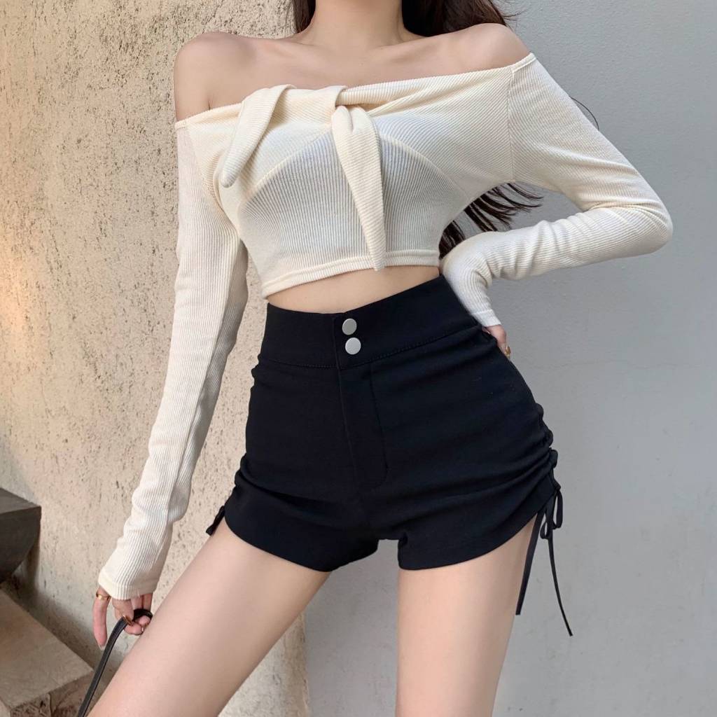 SP5/6 June4i Korean Highwaist Drawstring Shorts/กางเกงขาสั้นมีเชือกรูด