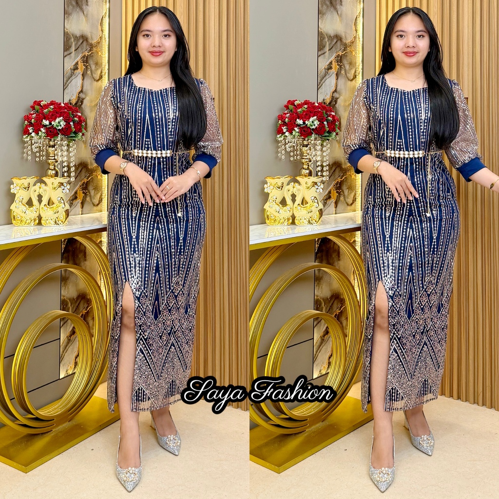 Slim Tile ชุดเดรสยาวเลื่อมฟรีเข็มขัดผู้หญิง Maxi Party Dress 2270 8