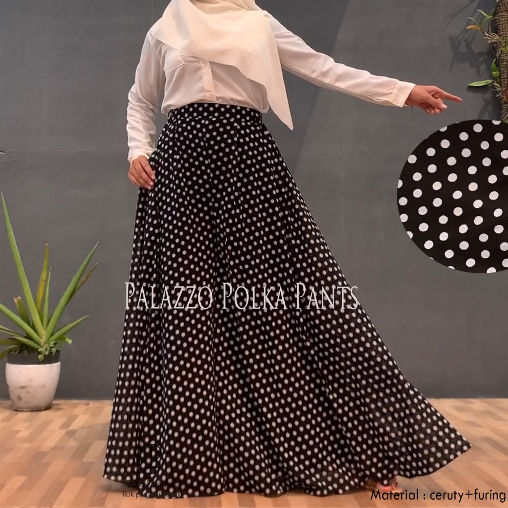 Griyaraditya ยาว Polka Dot Culottes กางเกงกว้างร่มชีฟอง Ceruty Palazzo Polka กางเกง Onde Dot Motif
