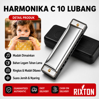 RIXTON  Harmonika C logam perak 10 lubang cocok untuk blues, rock, jazz, folk, dan gaya musik lainnya Cocok untuk pemula dan anak-anak