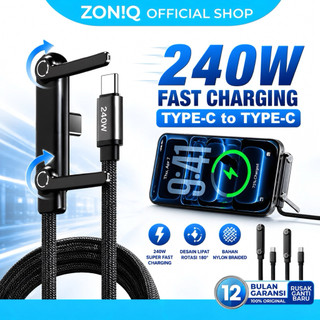 ZONIQ Kabel Data Charger Type C 240W Nylon Braided Anti Putus Rotasi 90° dengan Stand Holder HP