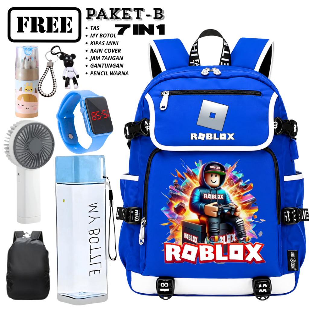 ชุดกระเป๋าเป้สะพายหลังระดับพรีเมียม ROBLOX BOX x GAMES 7in1 โรงเรียนอนุบาลโรงเรียนประถมศึกษากลางการ์