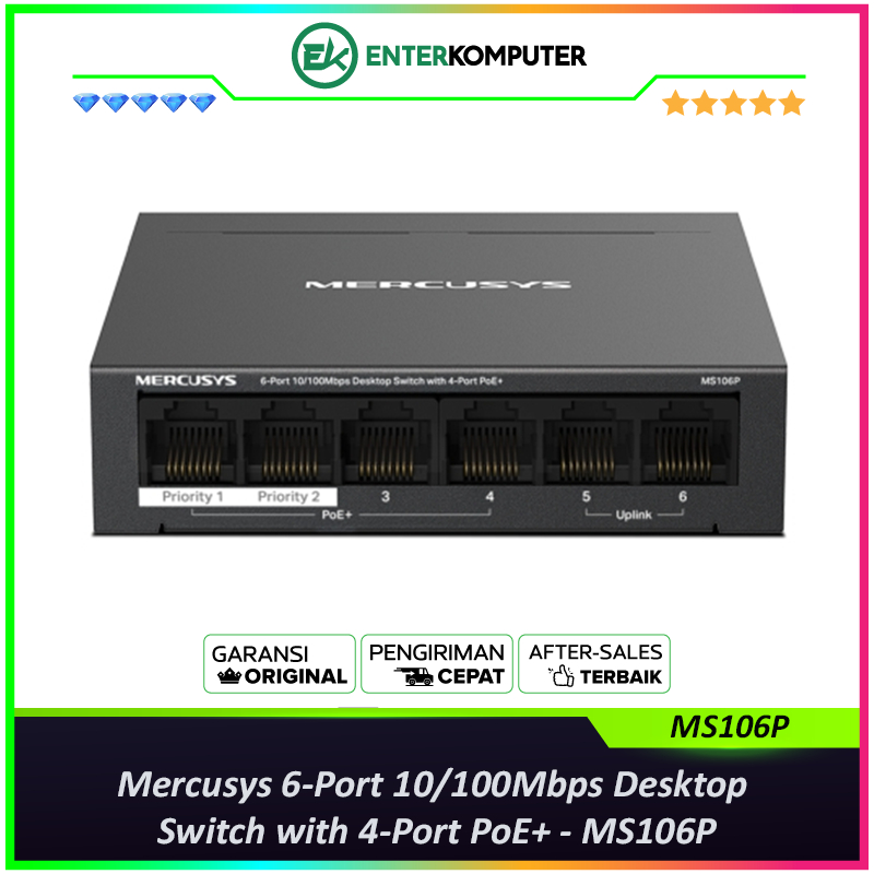 Mercusys 6-Port 10/100Mbps Desktop Switch พร้อม 4-Port PoE+ - MS106P