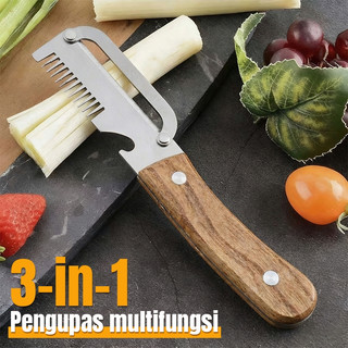 Baja Tahan Karat 3-in-1 Padat Kayu Padat Pegangan Buah Sayuran Peeler Wax Labu Dapur Kentang Multifungsi / HomeKing