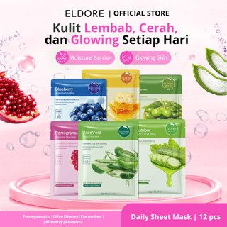 ELDORE PAKET ISI 12  Masker Facial Sheet Mask - Masker dengan Kandungan Serum Lembut di Kulit untuk Mencerahkan & Melembapkan