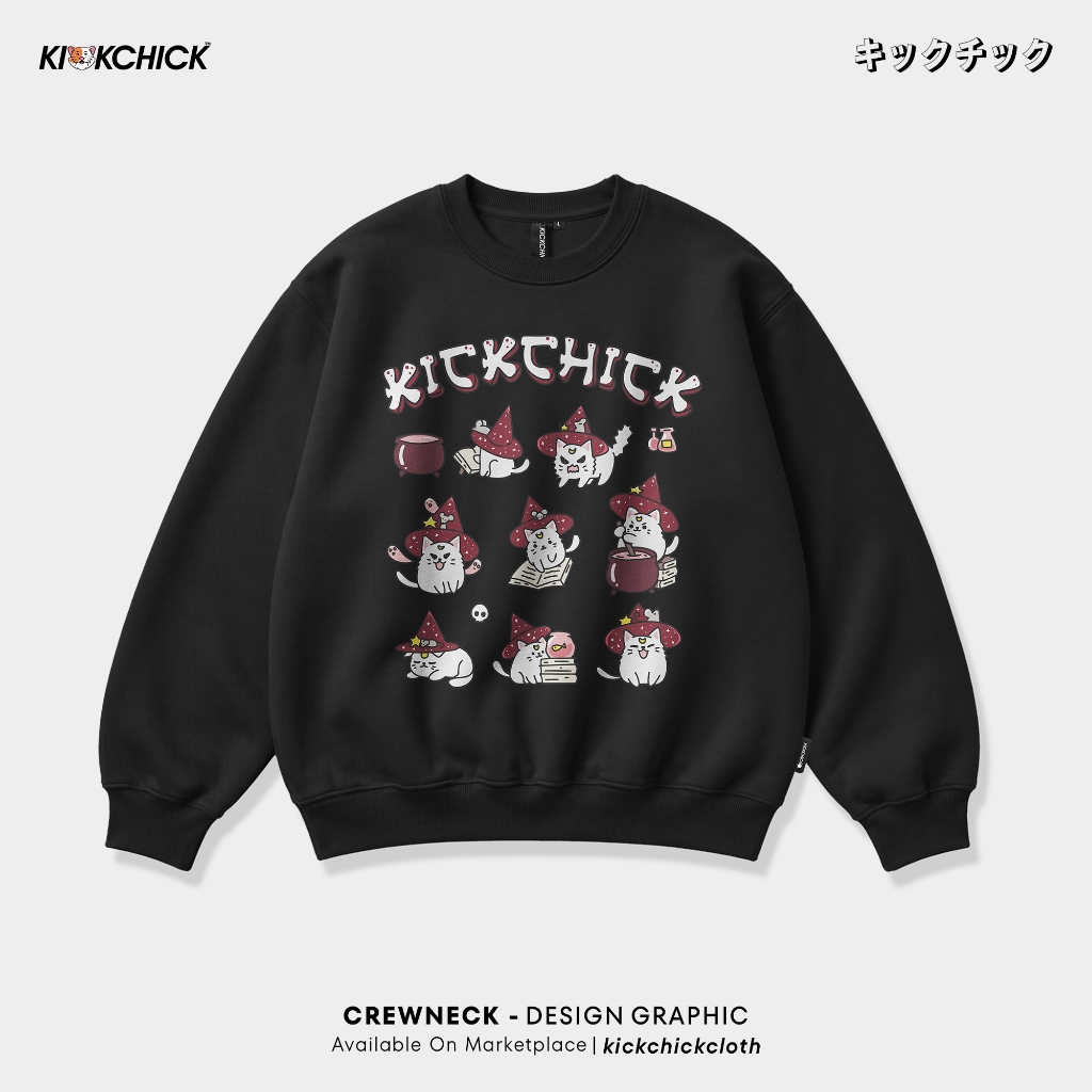 Kickchick Crewneck Witch Cat สีดํา | เสื้อกันหนาว ไม่จํากัดเพศ | เสื้อคลุมตัวนอกแขนยาว | KC-CN135