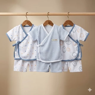 Ummababyshop 6 ชิ้น (3 ชุด) ทารกแรกเกิดสั้นเด็กชุดกิโมโน SNI เสื้อผ้าเด็กกางเกงกิโมโนชุดของขวัญ 0-3 เดือนชายหญิงของขวัญสีเทา Cloud Denim