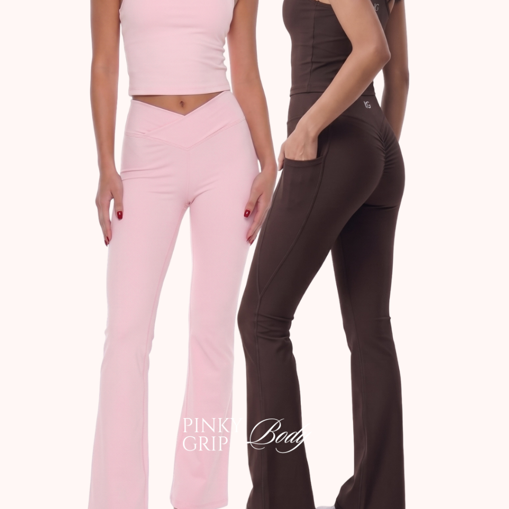 PINKY GRIP - SCULPT Flare Legging เอวสูง | ชุดกีฬา Activewear สีชมพู Pilates / Yoga / Gym / Tennis / Padel