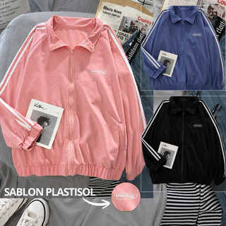 UNIQUE JAKET WANITA LIST STRIPE JAKET ZIPPER KOREAN STYLE