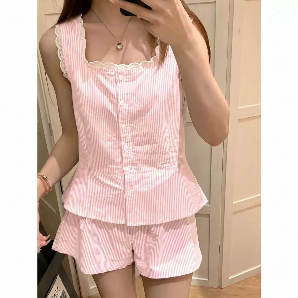 DOLLAR FASHION - SHERLY SET, RIB STRIPE SHIRT และกางเกงขาสั้น | ชุดผักกระเฉด | ชุดสูทผู้หญิง CASUAL 