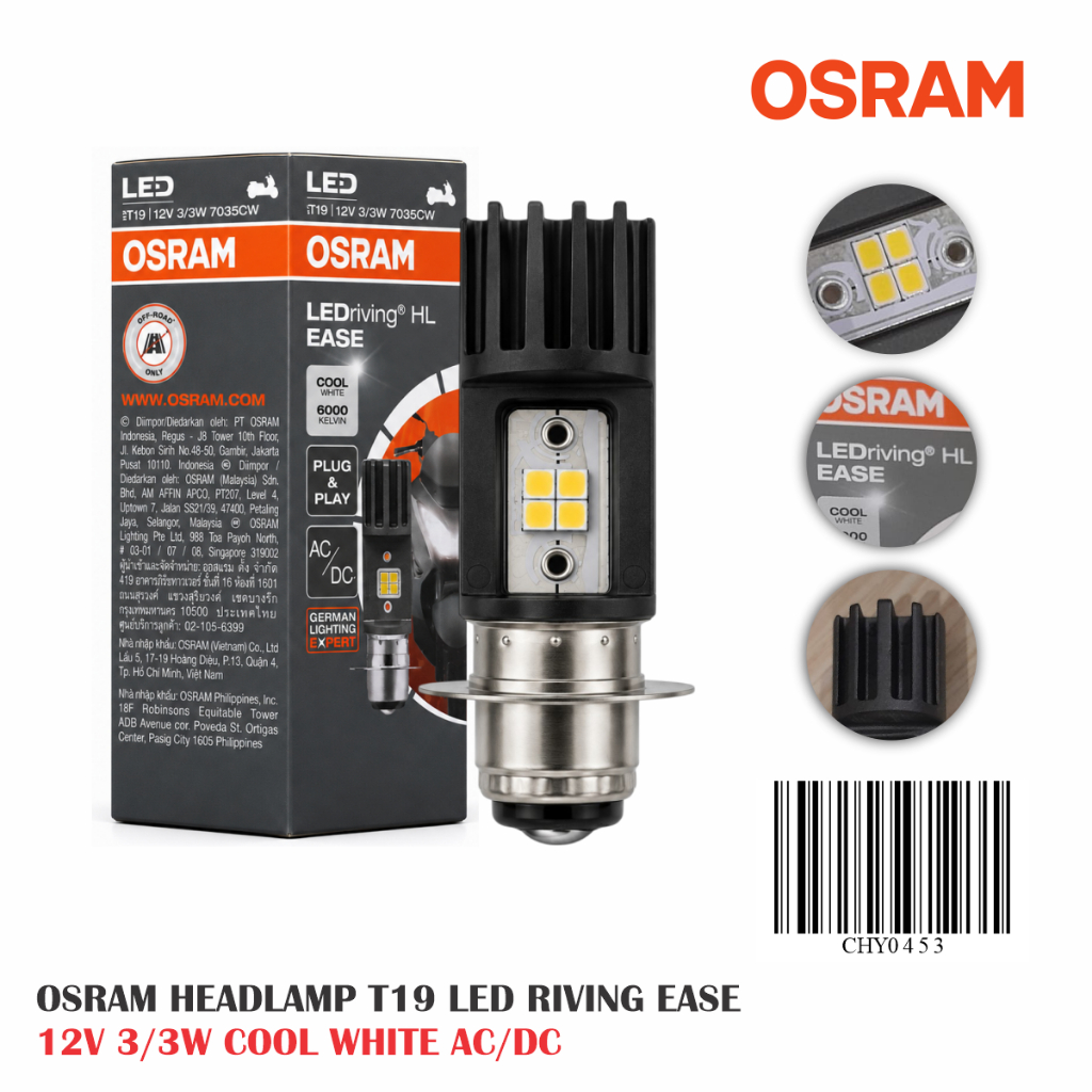 Osram ไฟหน้า AC DC LED Ease โคมไฟรถจักรยานยนต์ H6 3W 12V PnP Hi Low 6000K Cool White 7035CW