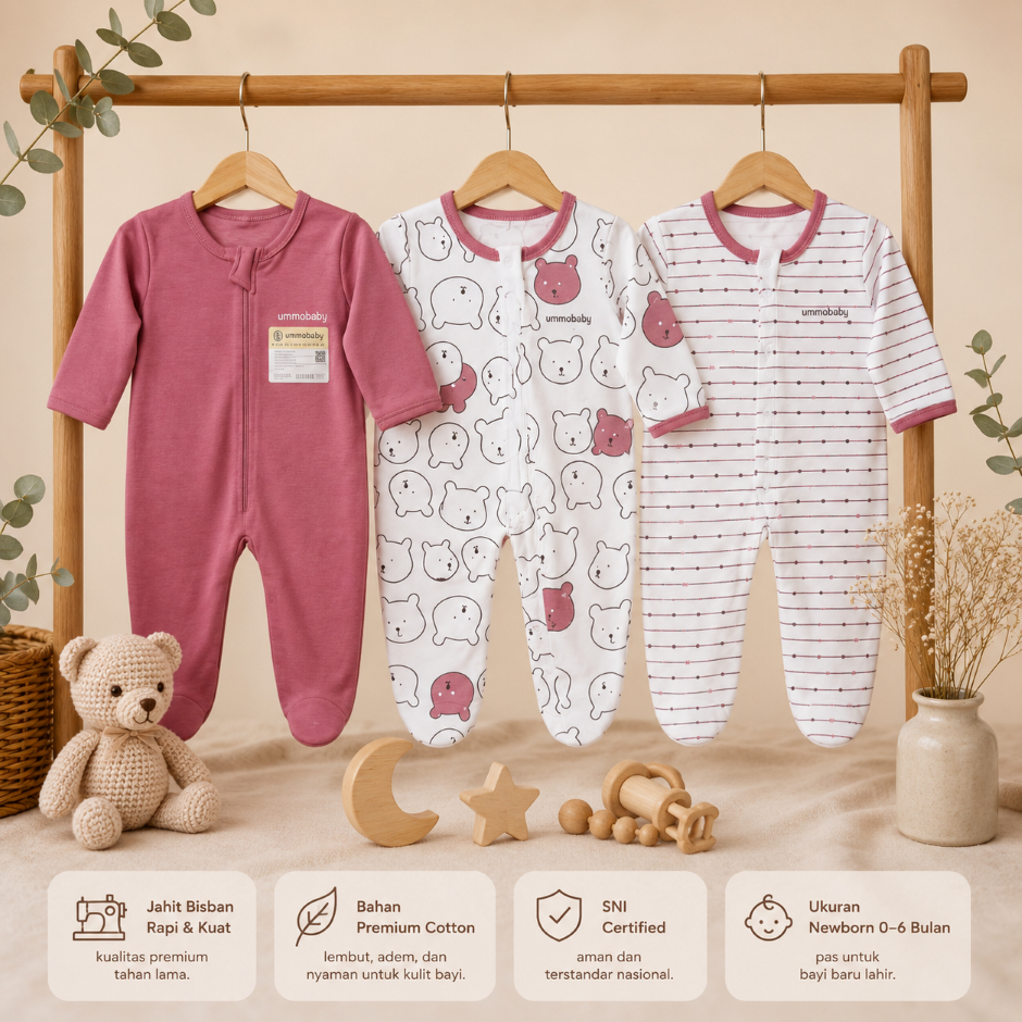 Ummababyshop 3 ชิ้น Sleepsuit ขาปิด Romper จัมเปอร์เด็กแรกเกิด 0-6 เดือน ชุด Jumpsuit ชุดนอนเด็ก