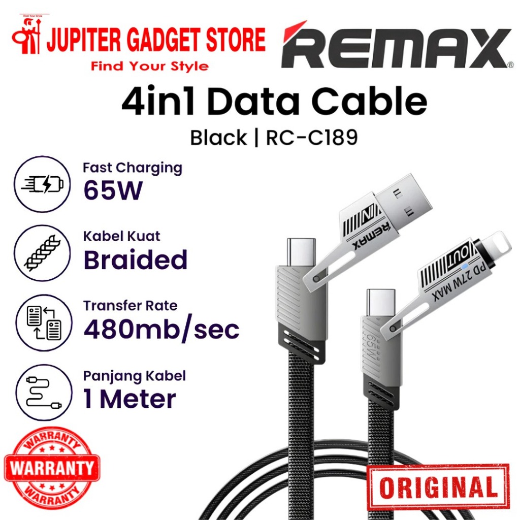 Remax RC-C189 สาย USB Lightning 65W พร้อมส่วนต่อขยาย USB-C และ USB-C ชาร์จเร็ว