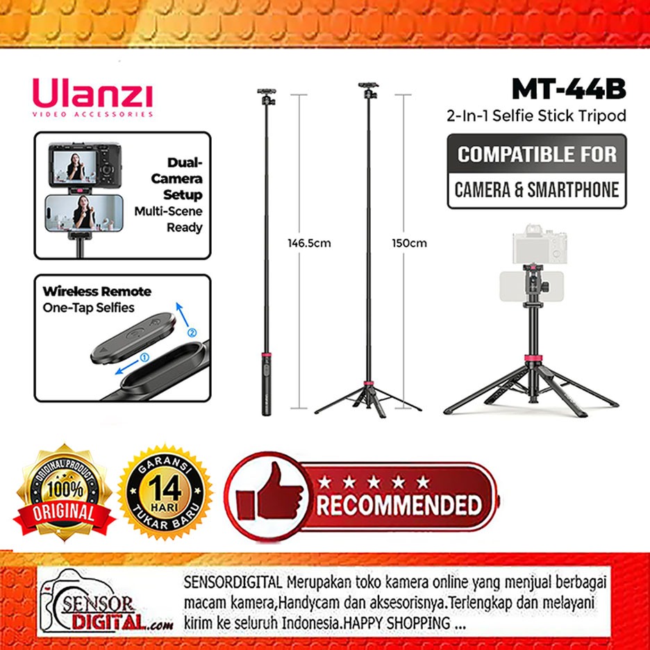 ULANZI MT-44B 2-IN-1 SELFIE STICK TRIPOD สําหรับกล้องและสมาร์ทโฟน HP Ulanzi MT44B MT-44 B Mini ขาตั้