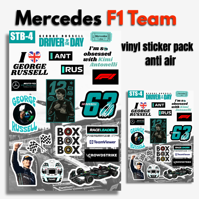 ชุดสติ๊กเกอร์ไวนิล Mercedes F1 Team George Russell กันน้ํา – ชุดสติ๊กเกอร์แข่งสูตร 1 กันน้ําสําหรับแล็ปท็อป, โทรศัพท์มือ, แก้วน้ํา