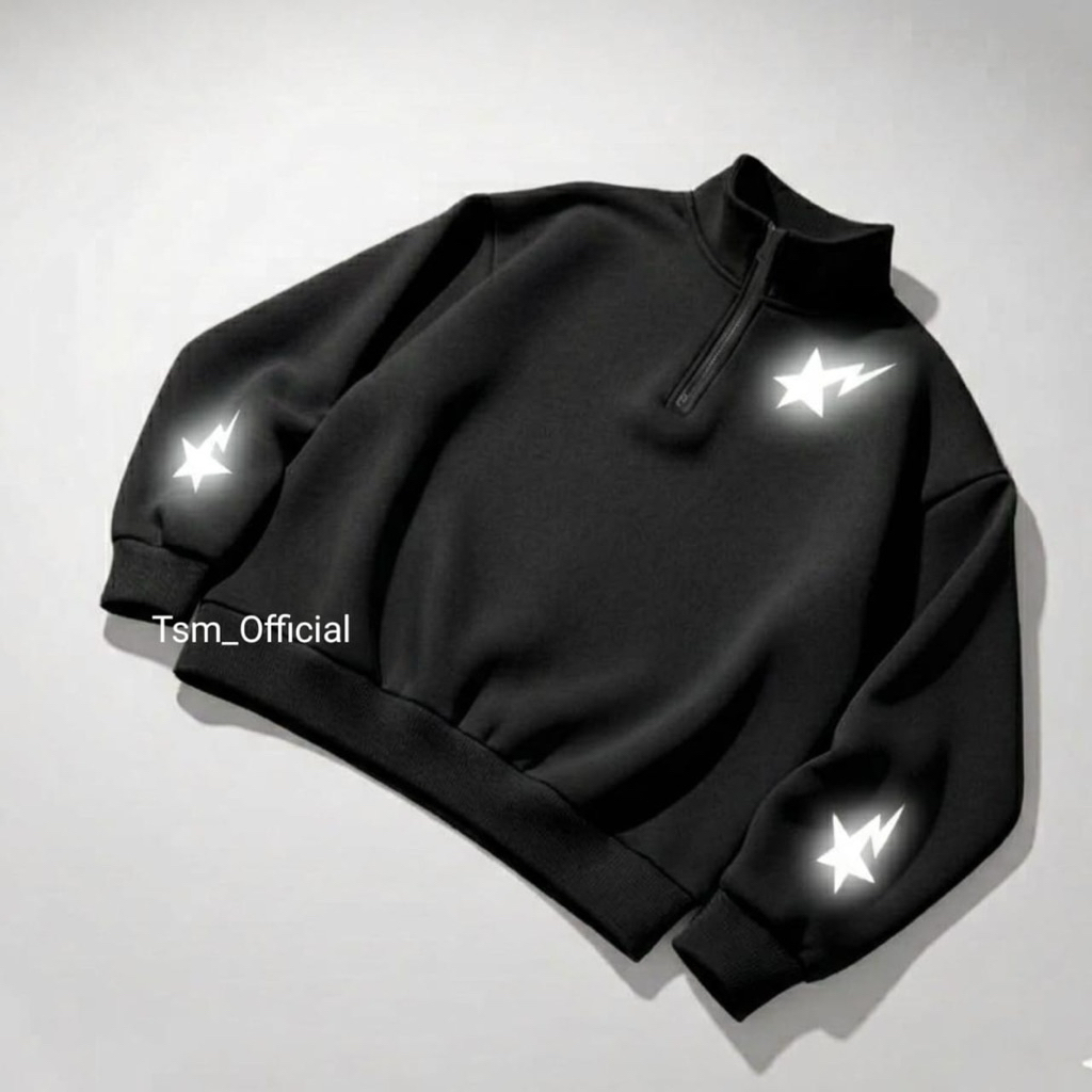 Tsm Halfzip Lightning Star เสื้อกันหนาว 280 Gsm หนา Halfzipper ผู้ชายผู้หญิงสะท้อนแสงสีดําธรรมดา Lig