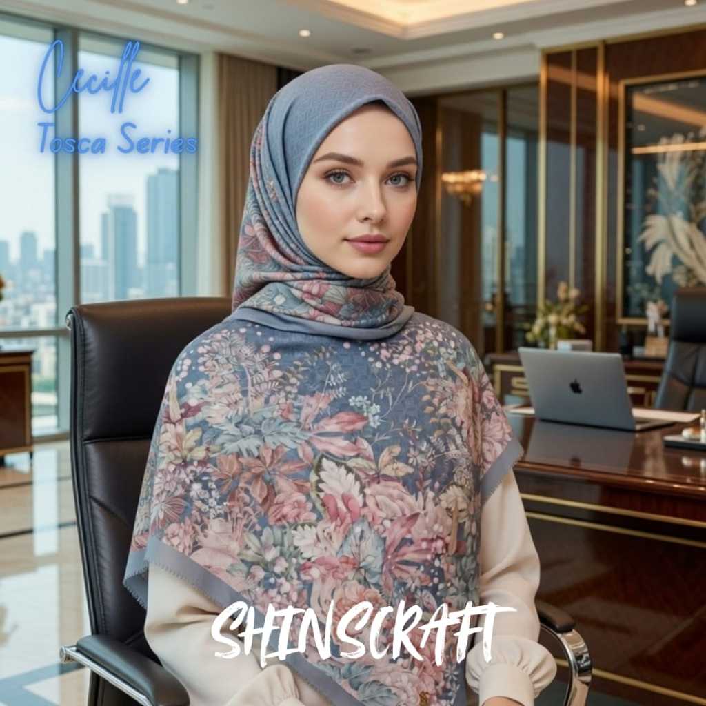 SHINSCRAFT- Cecille Tosca Series Square Voile Hijab 110x110 Cm Elegant Blue Pink Floral Motif