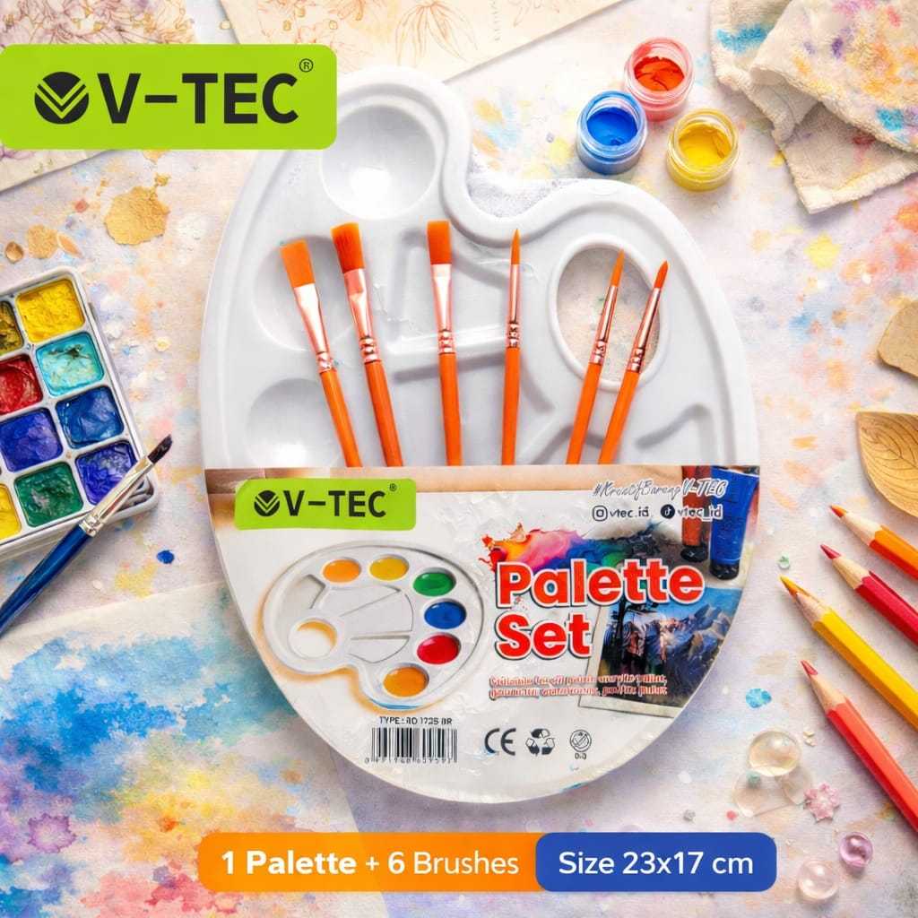 V-TEC Painting Palette Set + แปรง 6 ชิ้น - จานสีพลาสติกวงรีสีขาว RD-1725 BR - แปรงทาสี
