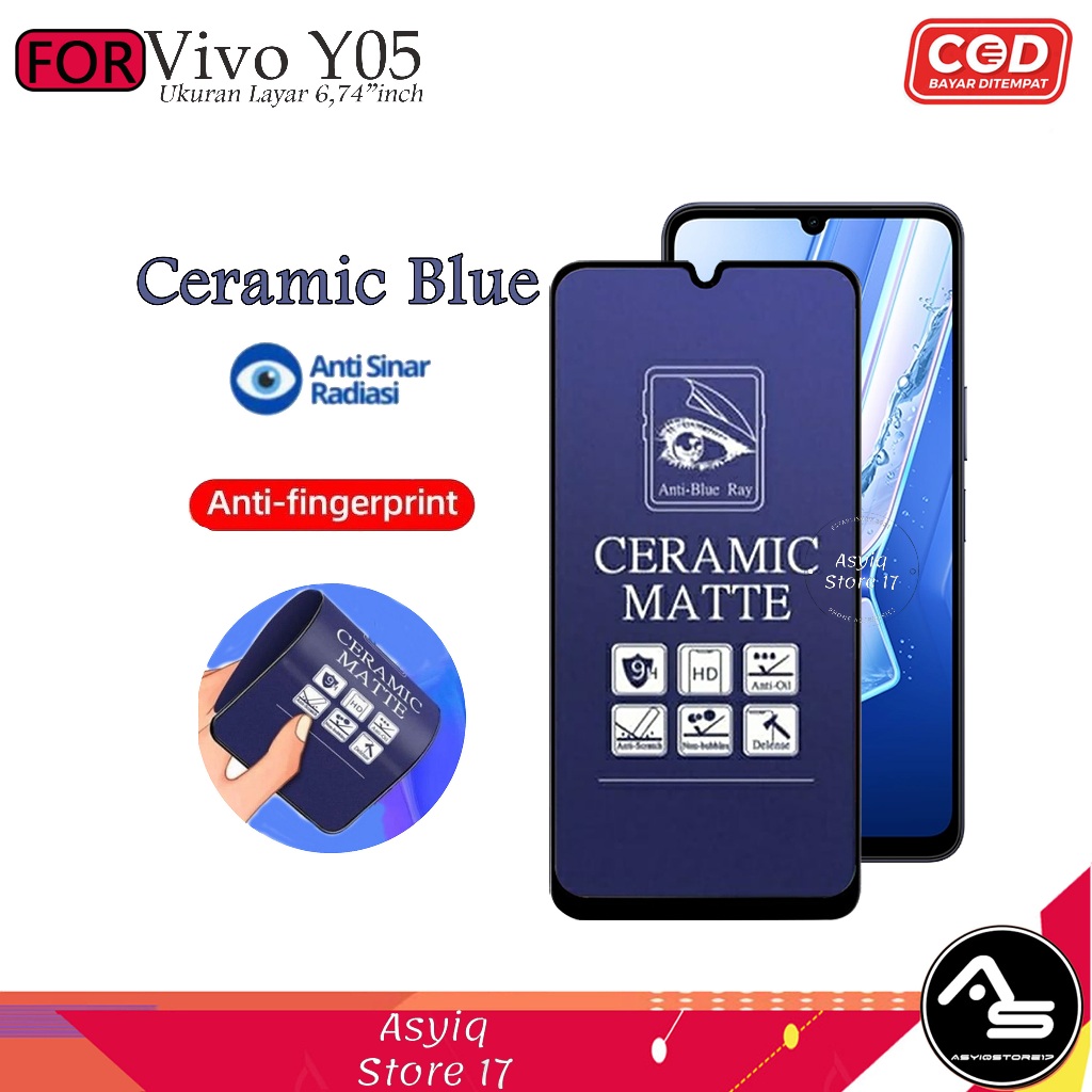 กระจกนิรภัยเซรามิคสีฟ้า Vivo Y05 YO4 ป้องกันรังสีคลุมทั้งหมด