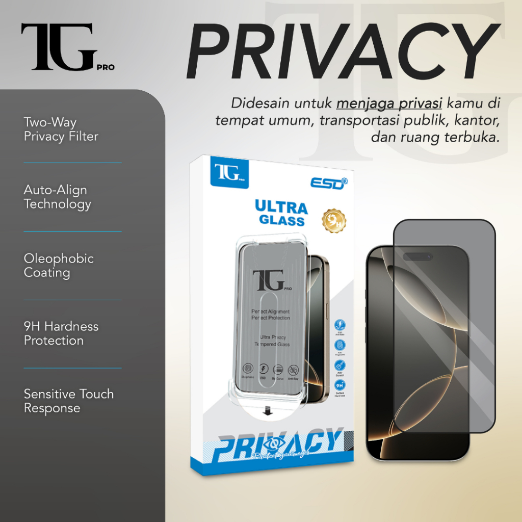 TGPRO กระจกนิรภัยความเป็นส่วนตัวสําหรับ iPhone 17e (คลุมทั้งหมด + ป้องกัน Spy + ถาดจัดตําแหน่งอัตโนม