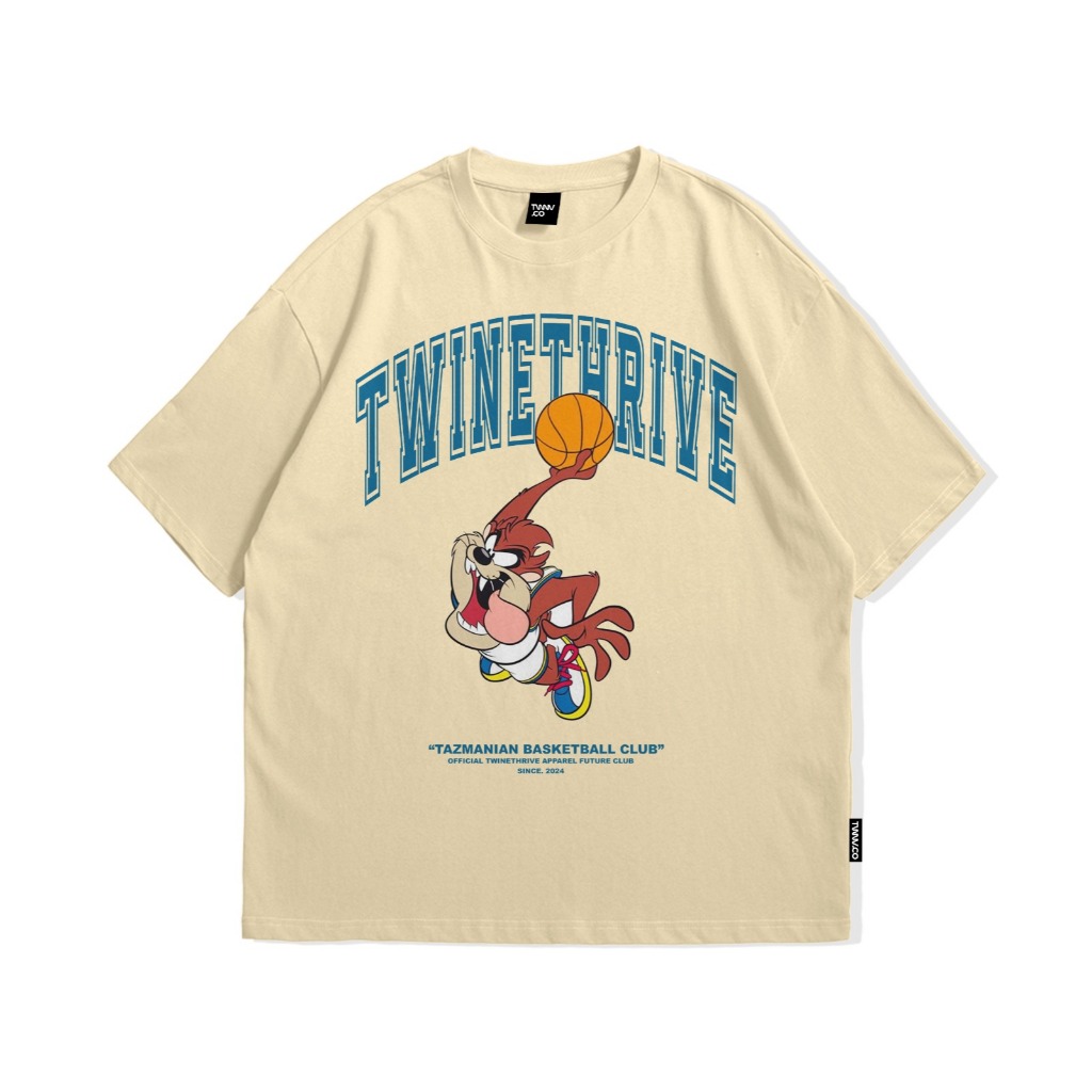 TWINETHRIVE เสื้อยืดขนาดใหญ่ Tazmanian Cream & White || เสื้อยืดโอเวอร์ไซส์สําหรับผู้ชายและผู้หญิง T