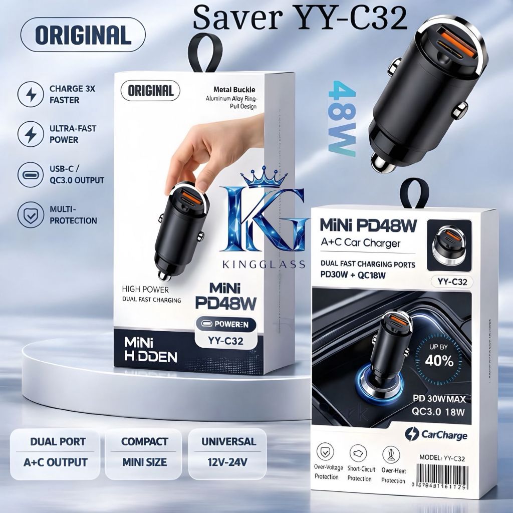 YY-C32 Mini PD 48W Super Fast Charging Saver Dual Port Type C & USB A QC3.0 Car Charger [SR]
