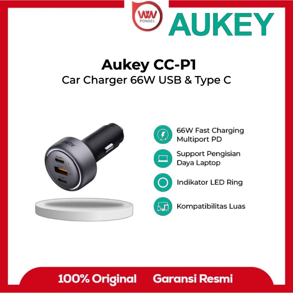Aukey CC-P1 Car Charger 66W USB และ Type C 3 พอร์ต LED PD 3.0 Fast Charging Car Charger