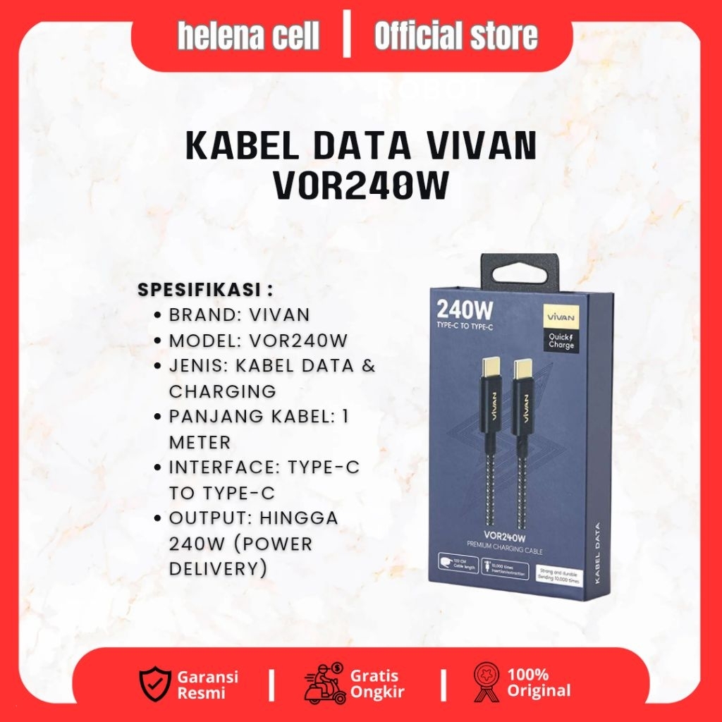 Vivan VOR240W Type-C ถึง Type-C PD 240W 5A สายเคเบิลข้อมูลชาร์จเร็ว
