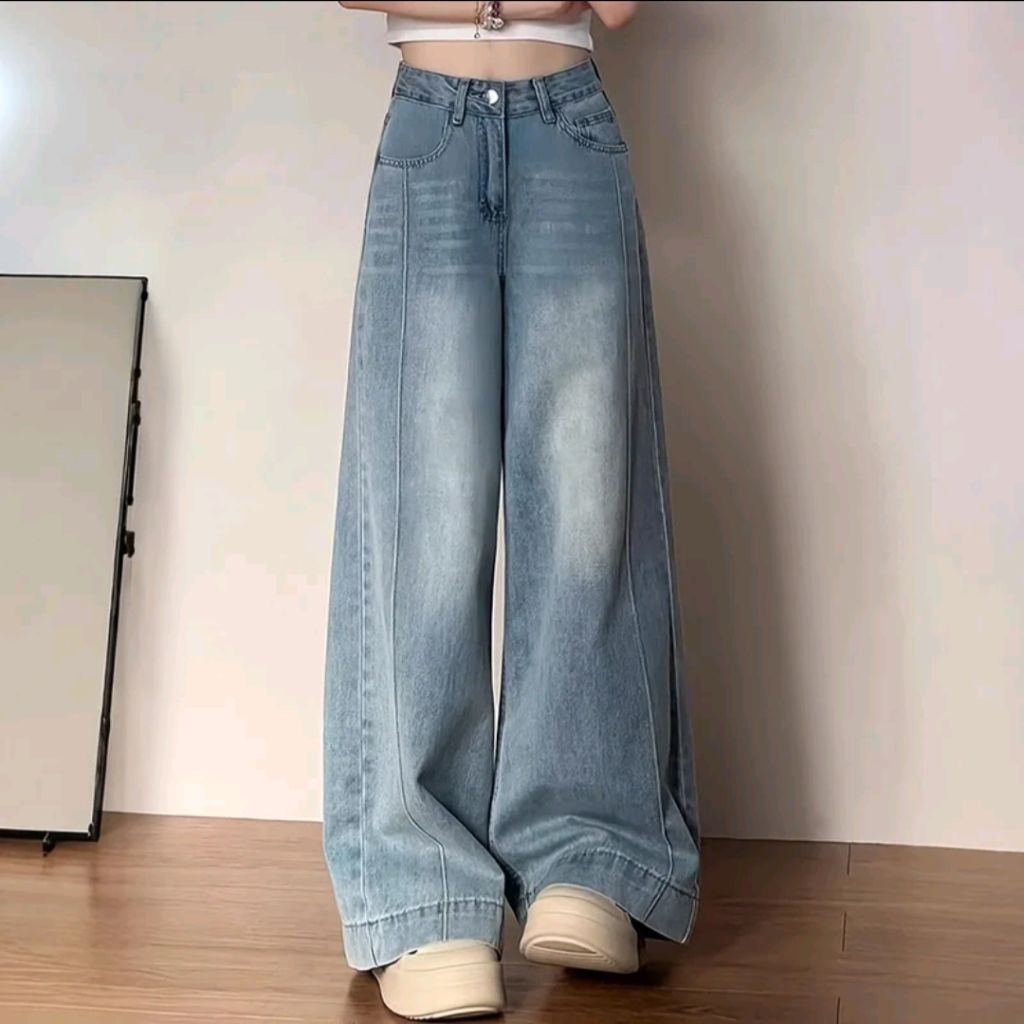 Yoyo Jeans Highwaist Beggy กางเกงยีนส์ขากว้างผู้หญิงสไตล์เกาหลีกางเกงขากว้างระดับพรีเมียมพร้อมขาพับก
