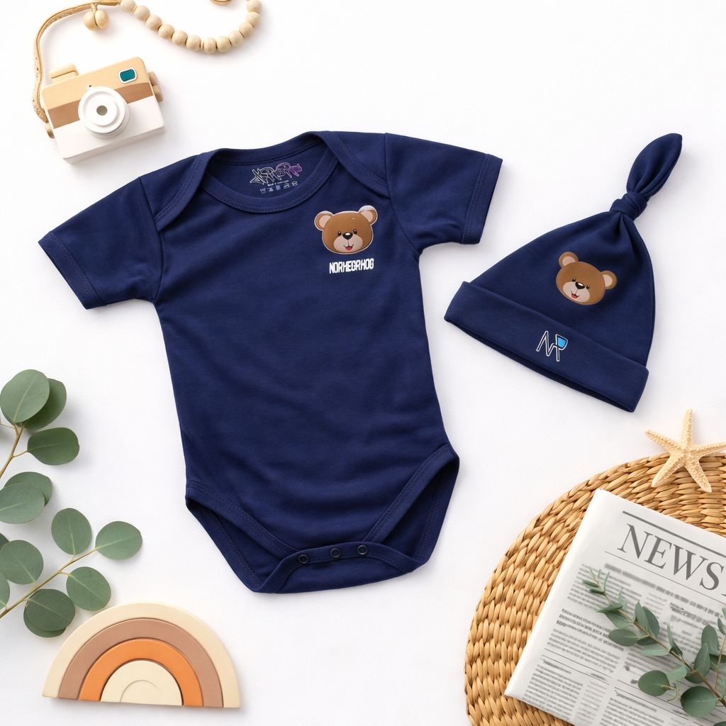 KATUN Baby Boy Girl Clothes Set Premium Cotton Jumper Bodysuit + Cute Bear Motif Beanie Hat - Korean