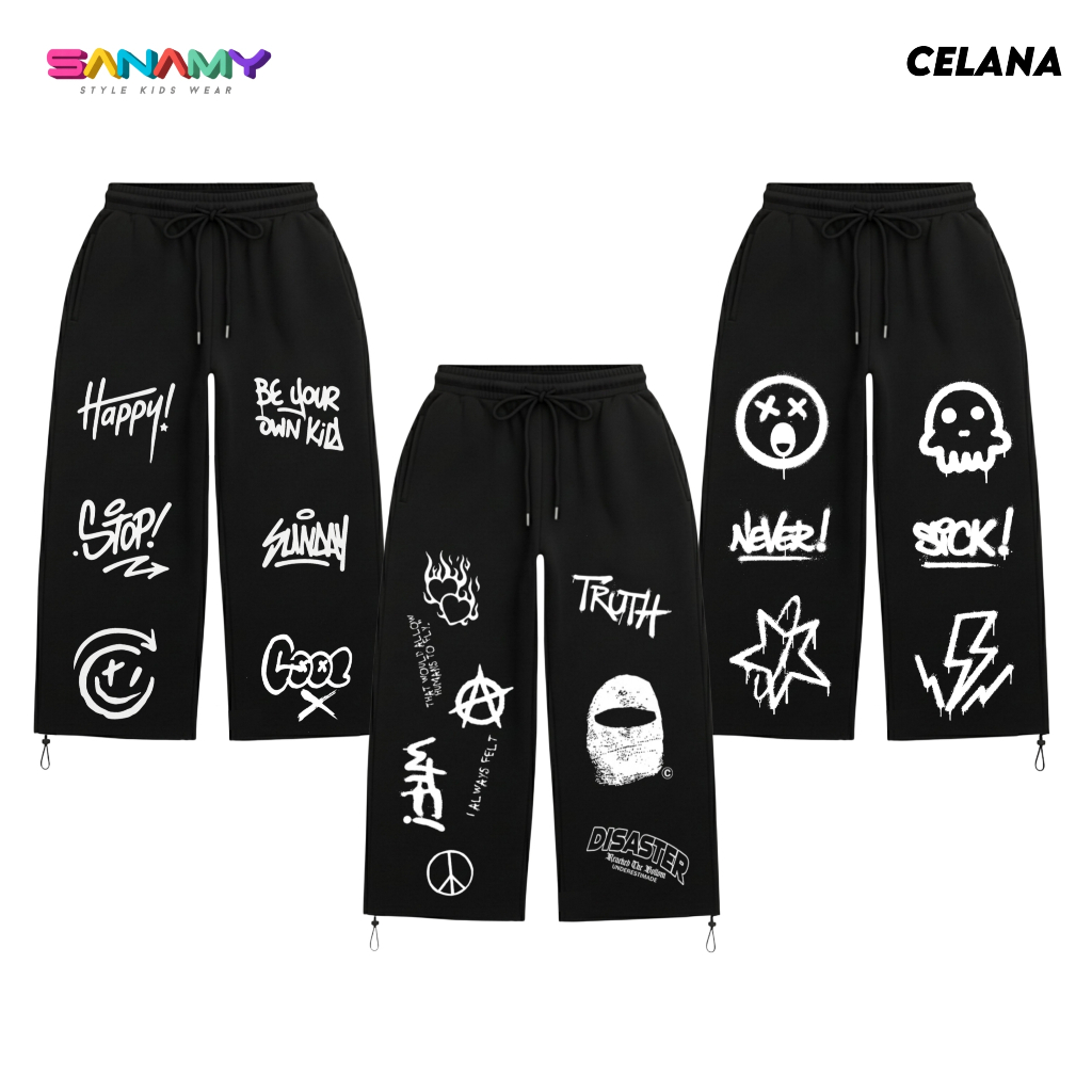 SANAMY Skena Baggy Pants สําหรับเด็กชายและเด็กหญิง อายุ 7-12 ปี Black Flame Motif CSKA-010