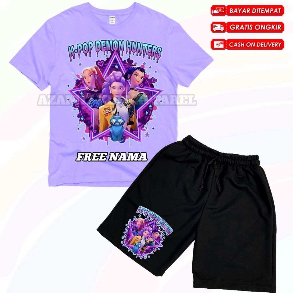 KPop Demon Hunters Huntrix เสื้อยืดเด็กและกางเกงขาสั้นชุดตัวอักษรทั้งหมดชื่อฟรี / Huntrix KPop Demon